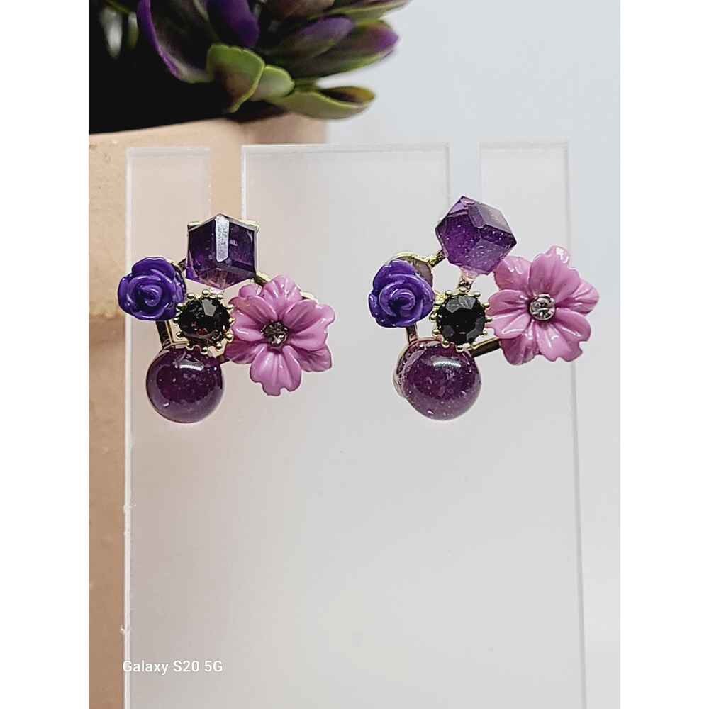 Purple Floral Cluster Stud Earrings Gold Tone Resin Flower Crystal Rhinestone